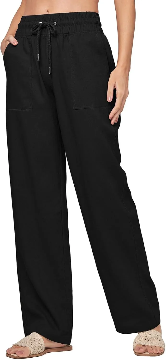 Womens Linen Pant Summer Elastic High Waist Wide Leg Pant Casual Solid Color Drawstring Straight Trouser with Pocket