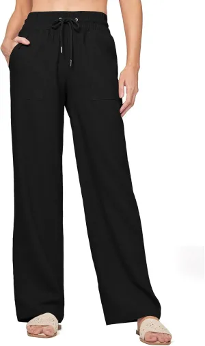 Womens Linen Pant Summer Elastic High Waist Wide Leg Pant Casual Solid Color Drawstring Straight Trouser with Pocket
