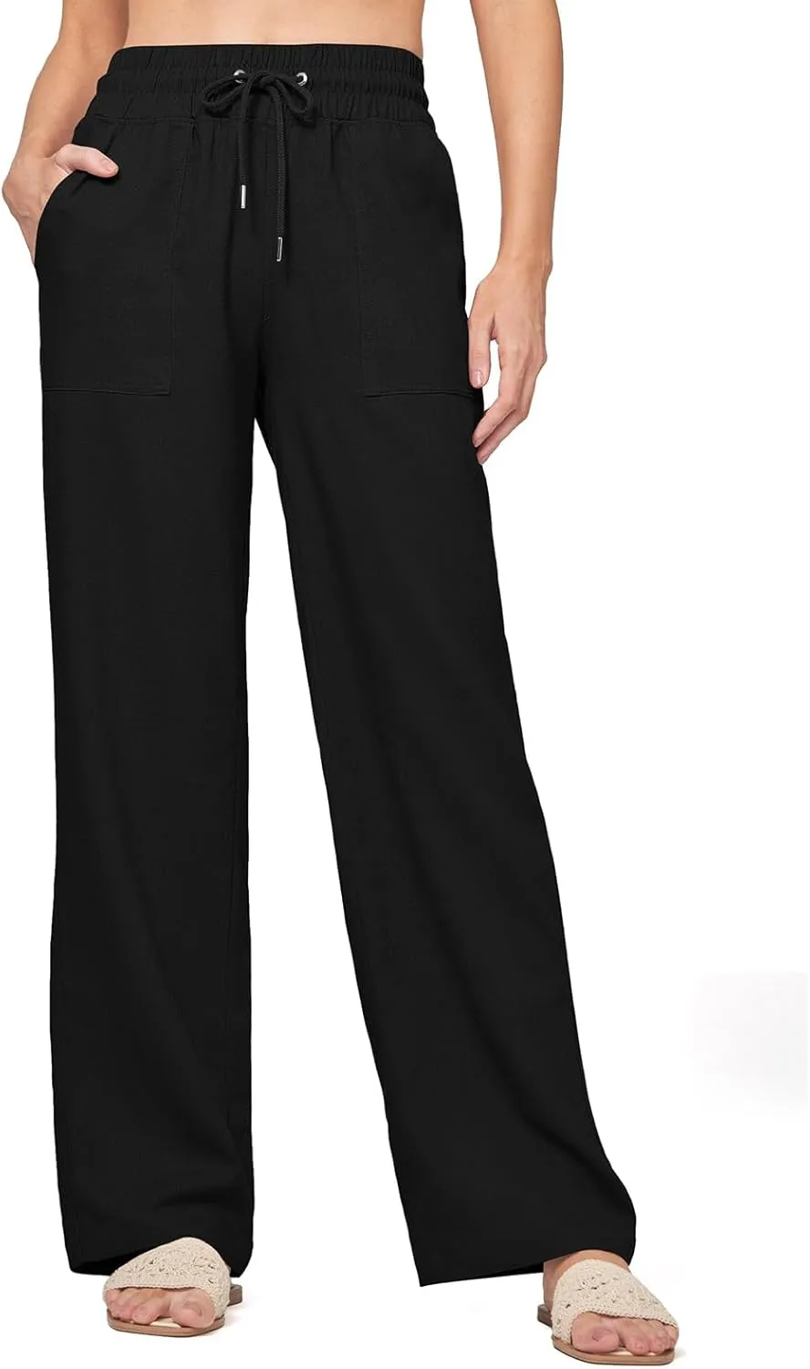 Womens Linen Pant Summer Elastic High Waist Wide Leg Pant Casual Solid Color Drawstring Straight Trouser with Pocket
