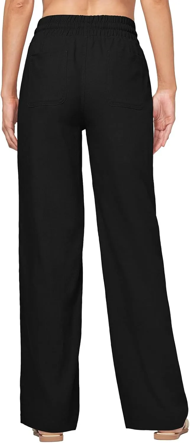 Womens Linen Pant Summer Elastic High Waist Wide Leg Pant Casual Solid Color Drawstring Straight Trouser with Pocket