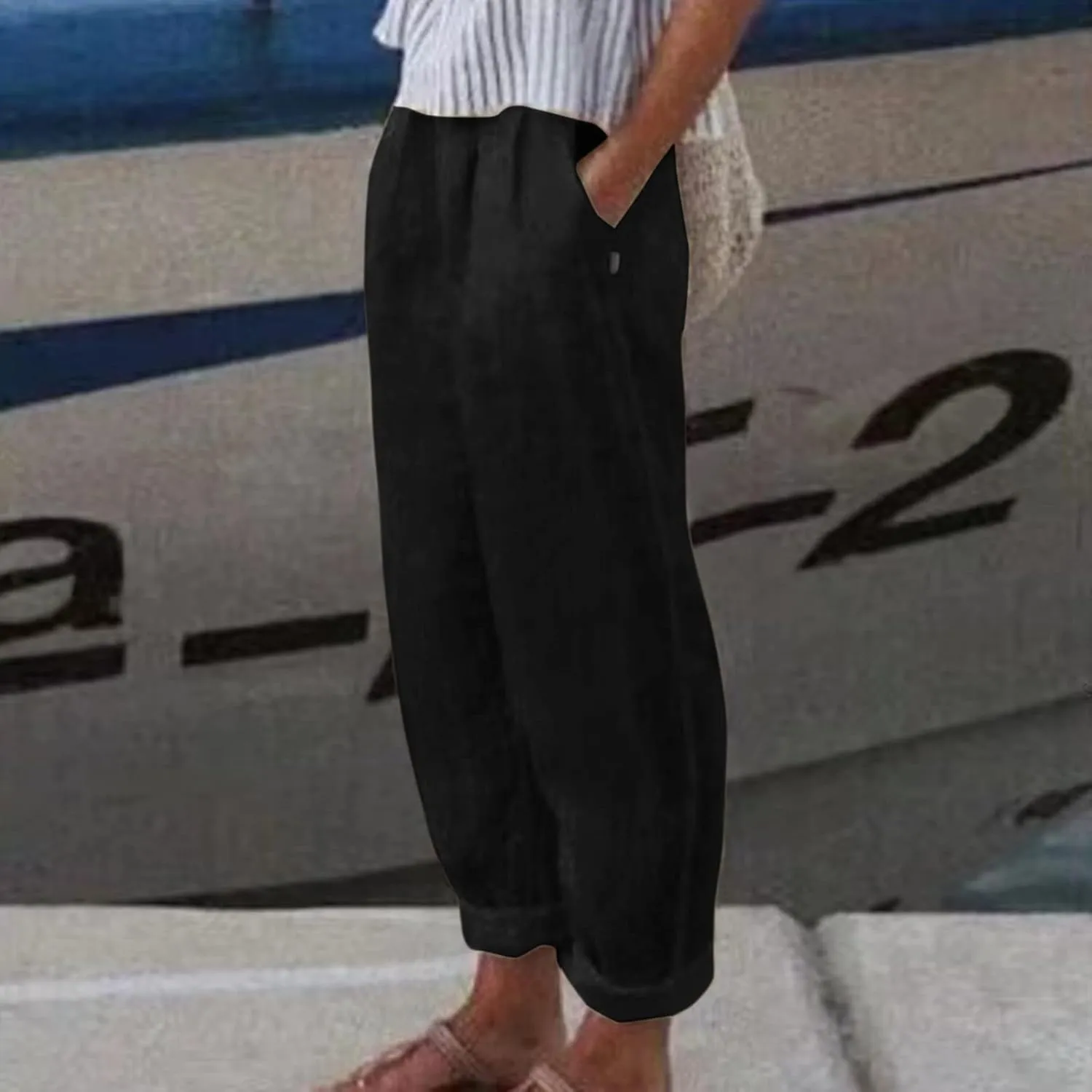 Womens Linen Pants Lightweight Straight Leg Pants Casual Elastic Waist Sweatpants Summer Beach Trousers with Pockets