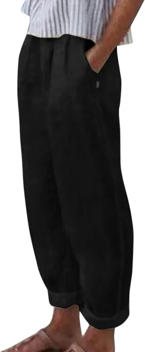 Womens Linen Pants Lightweight Straight Leg Pants Casual Elastic Waist Sweatpants Summer Beach Trousers with Pockets