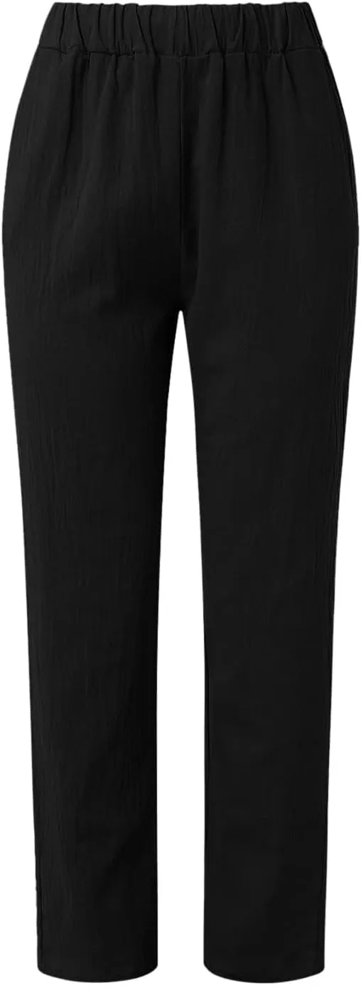 Womens Linen Pants Lightweight Straight Leg Pants Casual Elastic Waist Sweatpants Summer Beach Trousers with Pockets