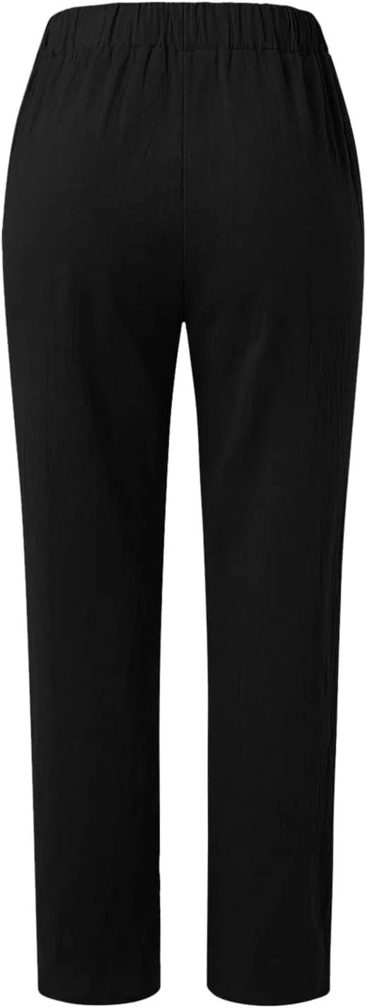 Womens Linen Pants Lightweight Straight Leg Pants Casual Elastic Waist Sweatpants Summer Beach Trousers with Pockets