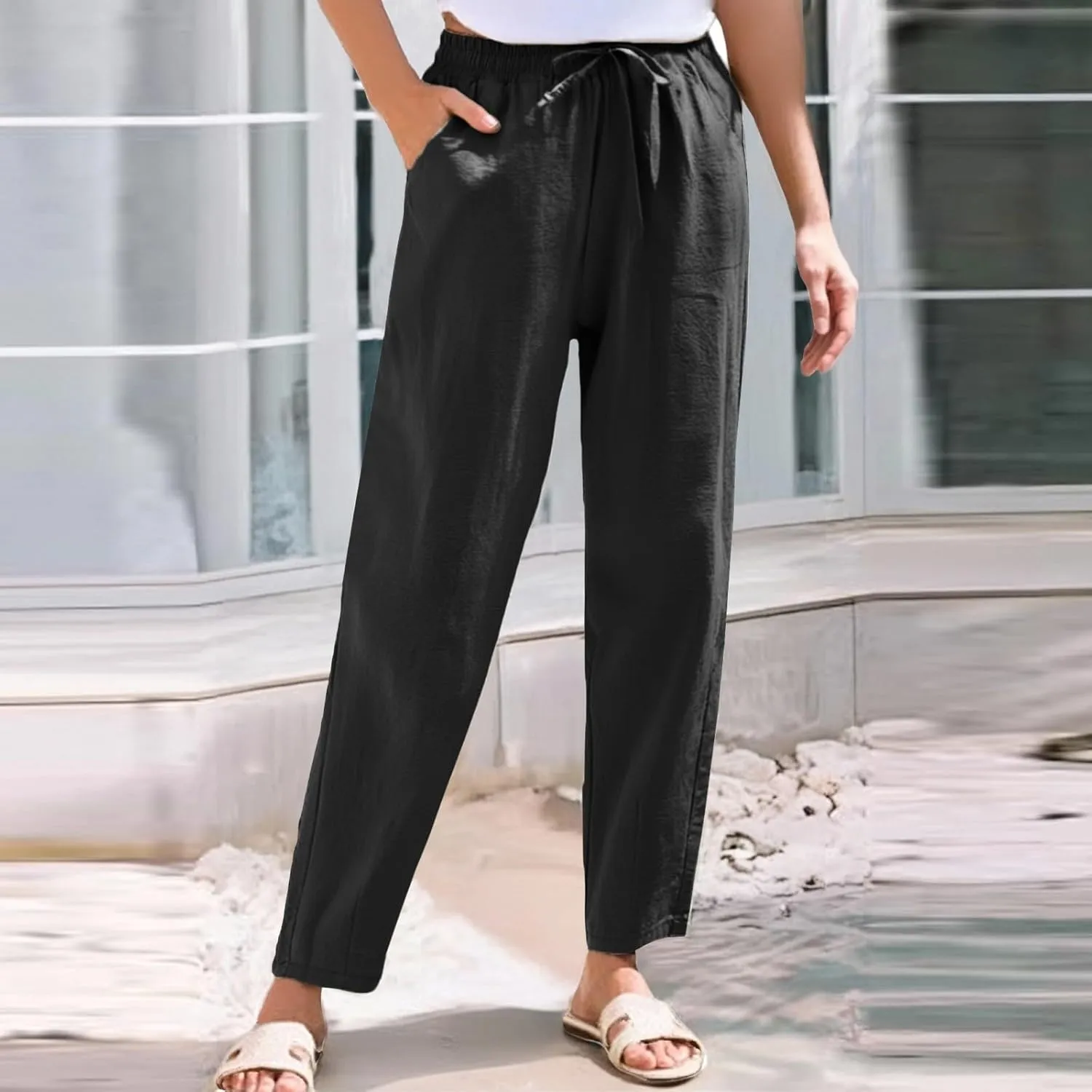 Womens Linen Pants Straight Leg Elastic Drawstring Casual Trousers with Pockets Summer Beach Lounge Pants