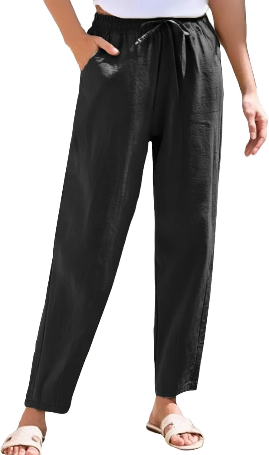 Womens Linen Pants Straight Leg Elastic Drawstring Casual Trousers with Pockets Summer Beach Lounge Pants
