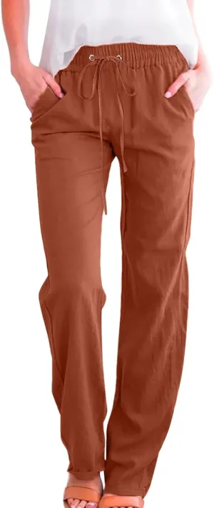 Women's Linen Pants Straight Leg Loose Trousers Drawstring Elastic High Waist Pants Comfy Palazzo Pants 2024, Medium