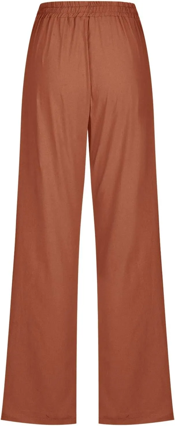 Women's Linen Pants Straight Leg Loose Trousers Drawstring Elastic High Waist Pants Comfy Palazzo Pants 2024, Medium