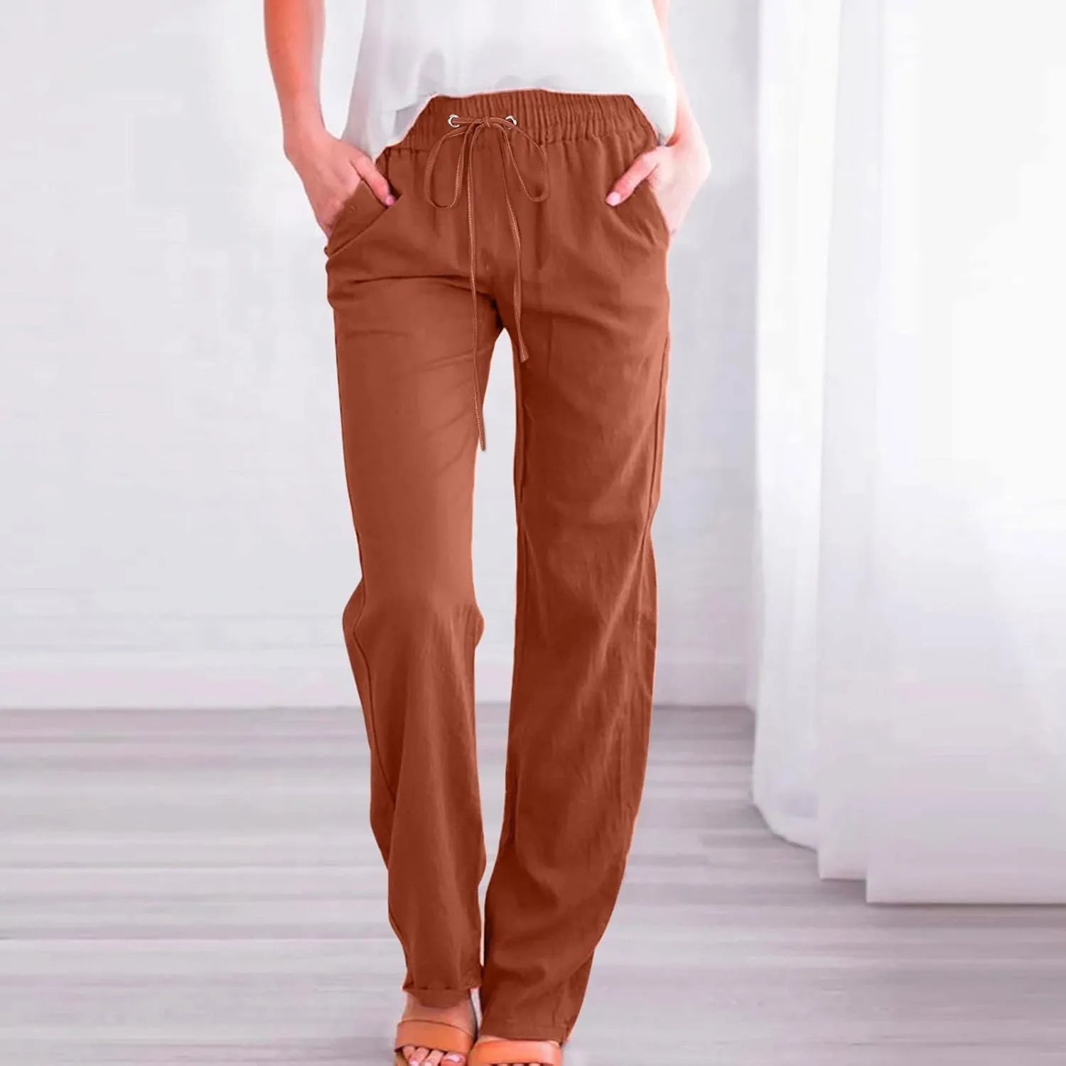 Women's Linen Pants Straight Leg Loose Trousers Drawstring Elastic High Waist Pants Comfy Palazzo Pants 2024, Medium