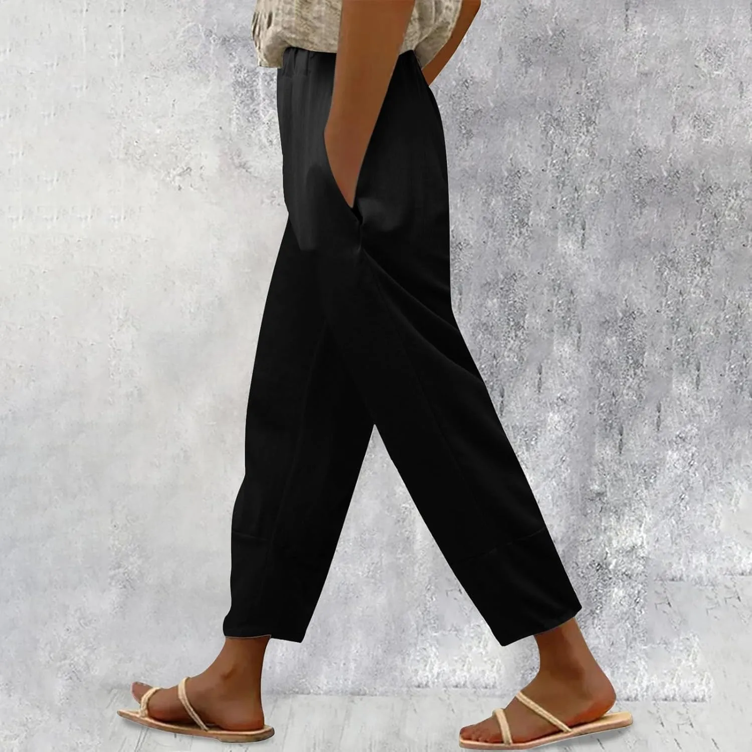 Womens Linen Pants Summer Boho Lightweight High Waist Palazzo Pants Elastic Leg Lounge Casual Trousers with