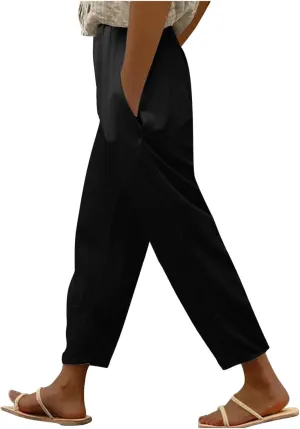 Womens Linen Pants Summer Boho Lightweight High Waist Palazzo Pants Elastic Leg Lounge Casual Trousers with