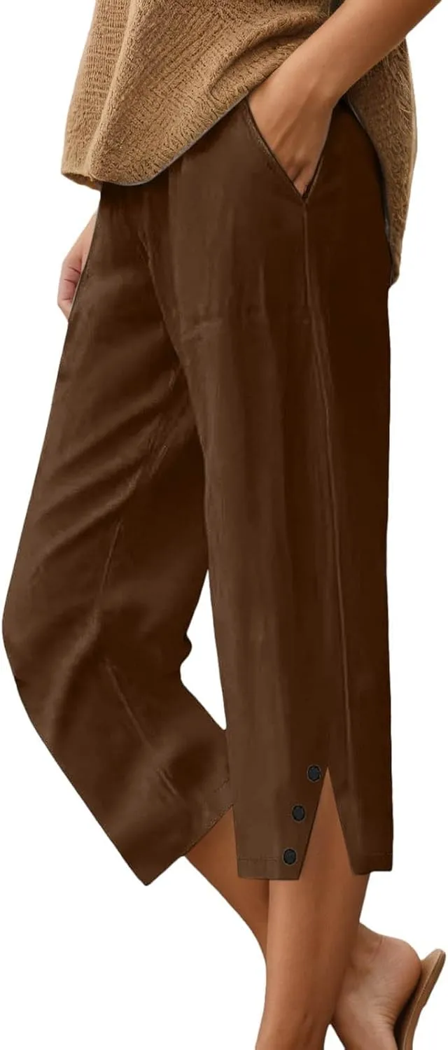 Womens Linen Pants Summer Lightweight Loose Casual Beach Pants Baggy Elastic Waisted Yoga Trousers with Pockets