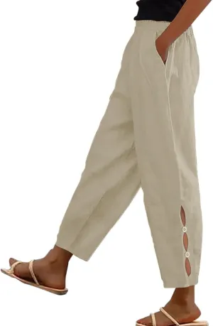 Women's Linen Pants with Pockets Quick Dry Side Hollow Out Cropped Pants Summer Beach Lightweight Elastic Waist Pants