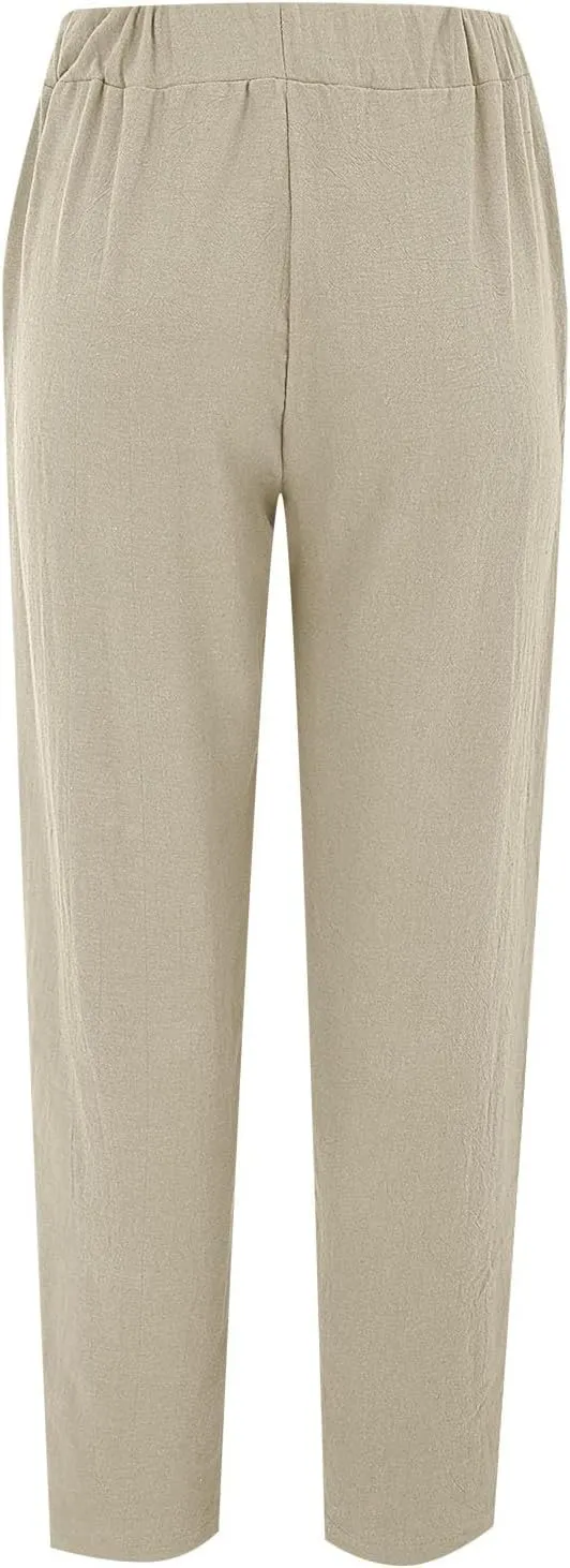 Women's Linen Pants with Pockets Quick Dry Side Hollow Out Cropped Pants Summer Beach Lightweight Elastic Waist Pants