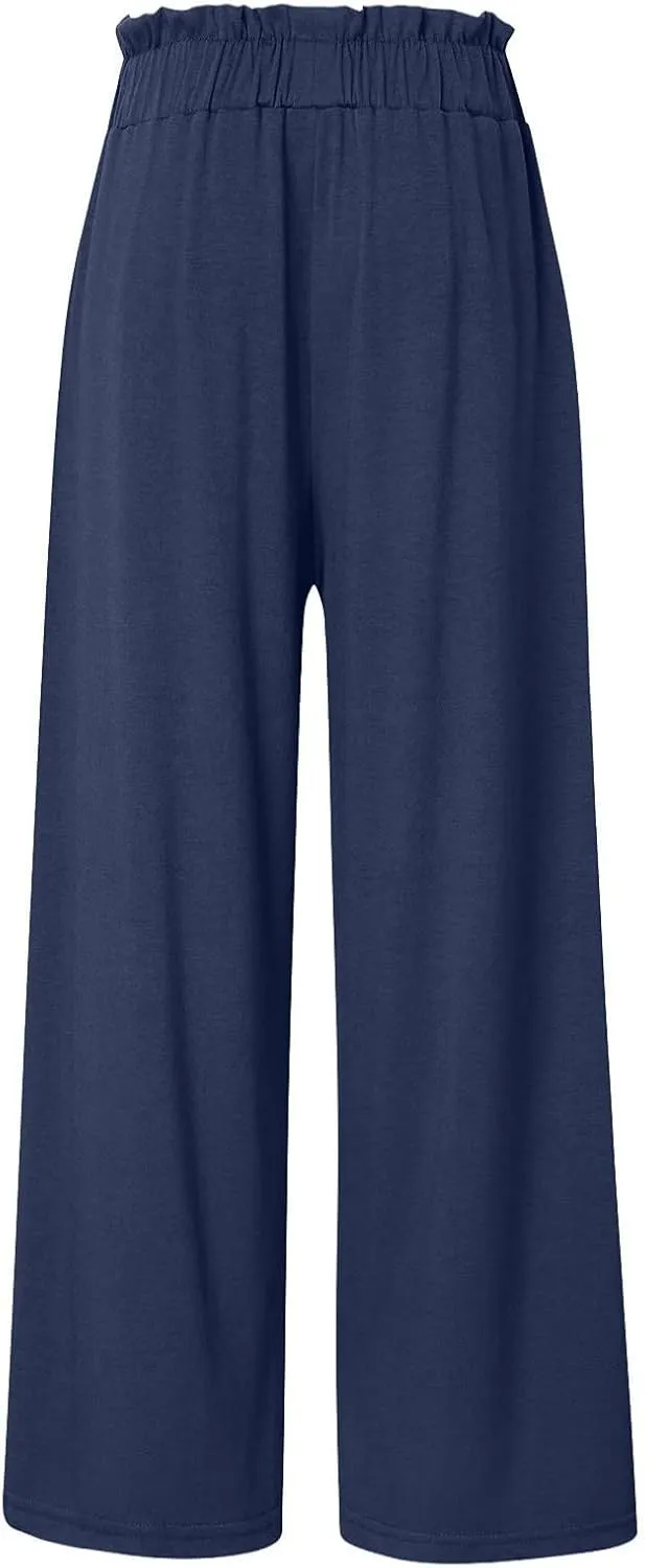 Women's Linen Summer Baggy Palazzo Pants Elastic Waisted Stretchy Loose Fit Palazzo Lounge Pants Office
