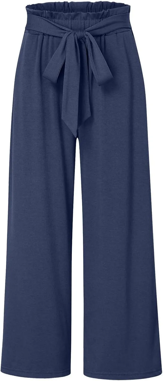 Women's Linen Summer Baggy Palazzo Pants Elastic Waisted Stretchy Loose Fit Palazzo Lounge Pants Office