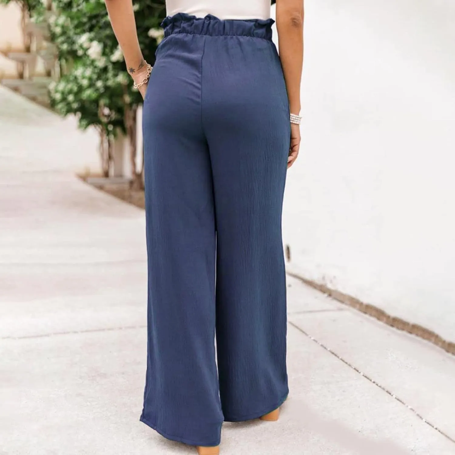 Women's Linen Summer Baggy Palazzo Pants Elastic Waisted Stretchy Loose Fit Palazzo Lounge Pants Office