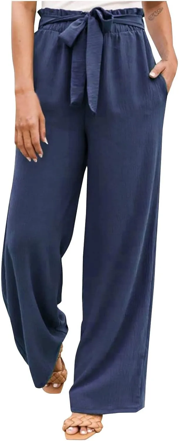Women's Linen Summer Baggy Palazzo Pants Elastic Waisted Stretchy Loose Fit Palazzo Lounge Pants Office