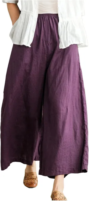 Womens Linen Summer Boho Pant Trousers Elastic Waisted Lounge Pants Plus Size Palazzo Lounge Pants Travel