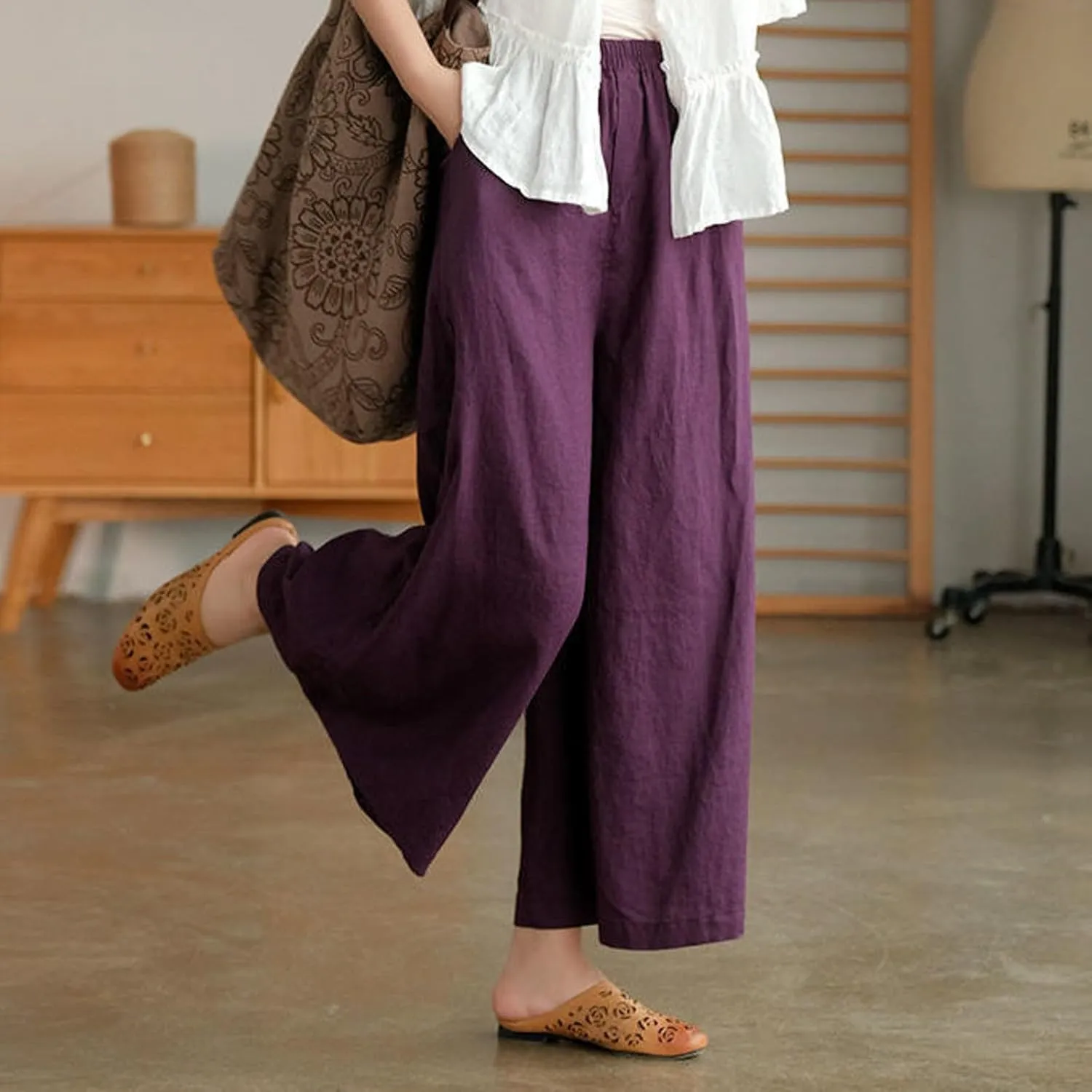 Womens Linen Summer Boho Pant Trousers Elastic Waisted Lounge Pants Plus Size Palazzo Lounge Pants Travel