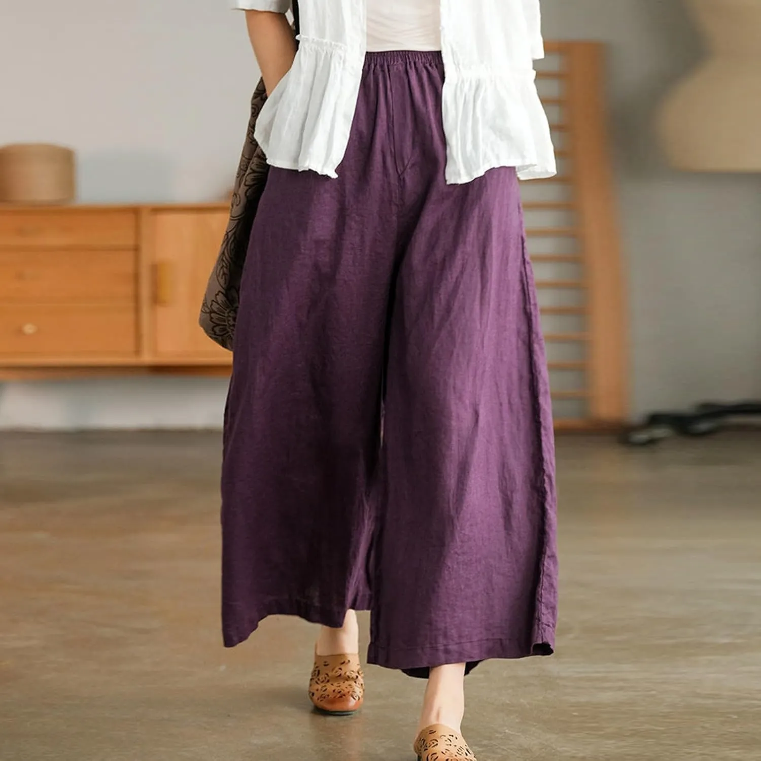 Womens Linen Summer Boho Pant Trousers Elastic Waisted Lounge Pants Plus Size Palazzo Lounge Pants Travel