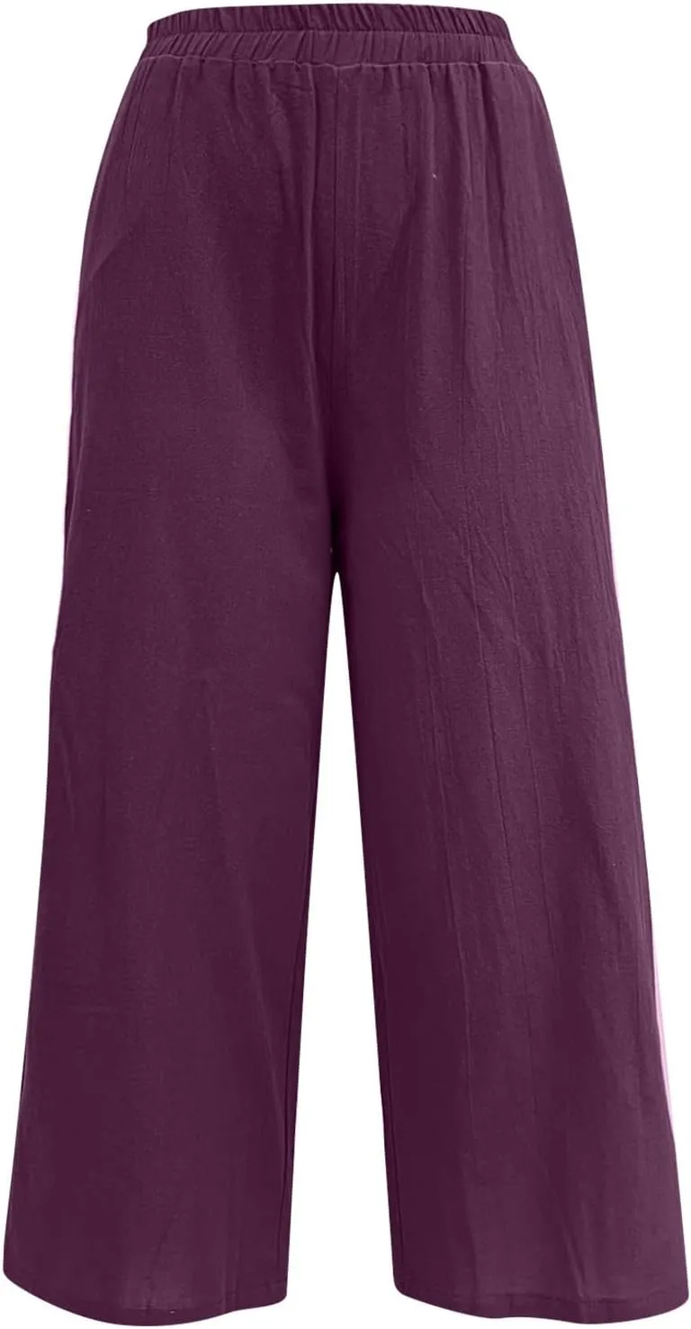 Womens Linen Summer Boho Pant Trousers Elastic Waisted Lounge Pants Plus Size Palazzo Lounge Pants Travel