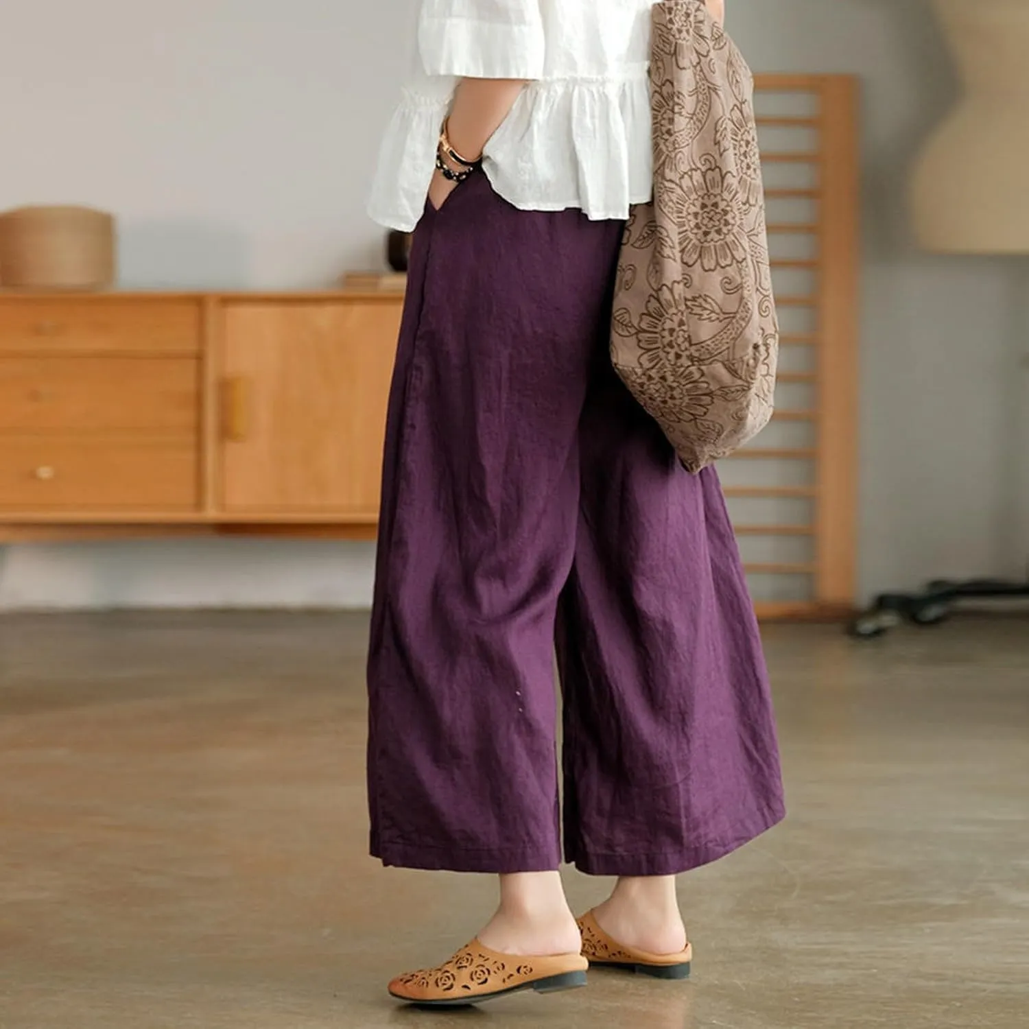 Womens Linen Summer Boho Pant Trousers Elastic Waisted Lounge Pants Plus Size Palazzo Lounge Pants Travel