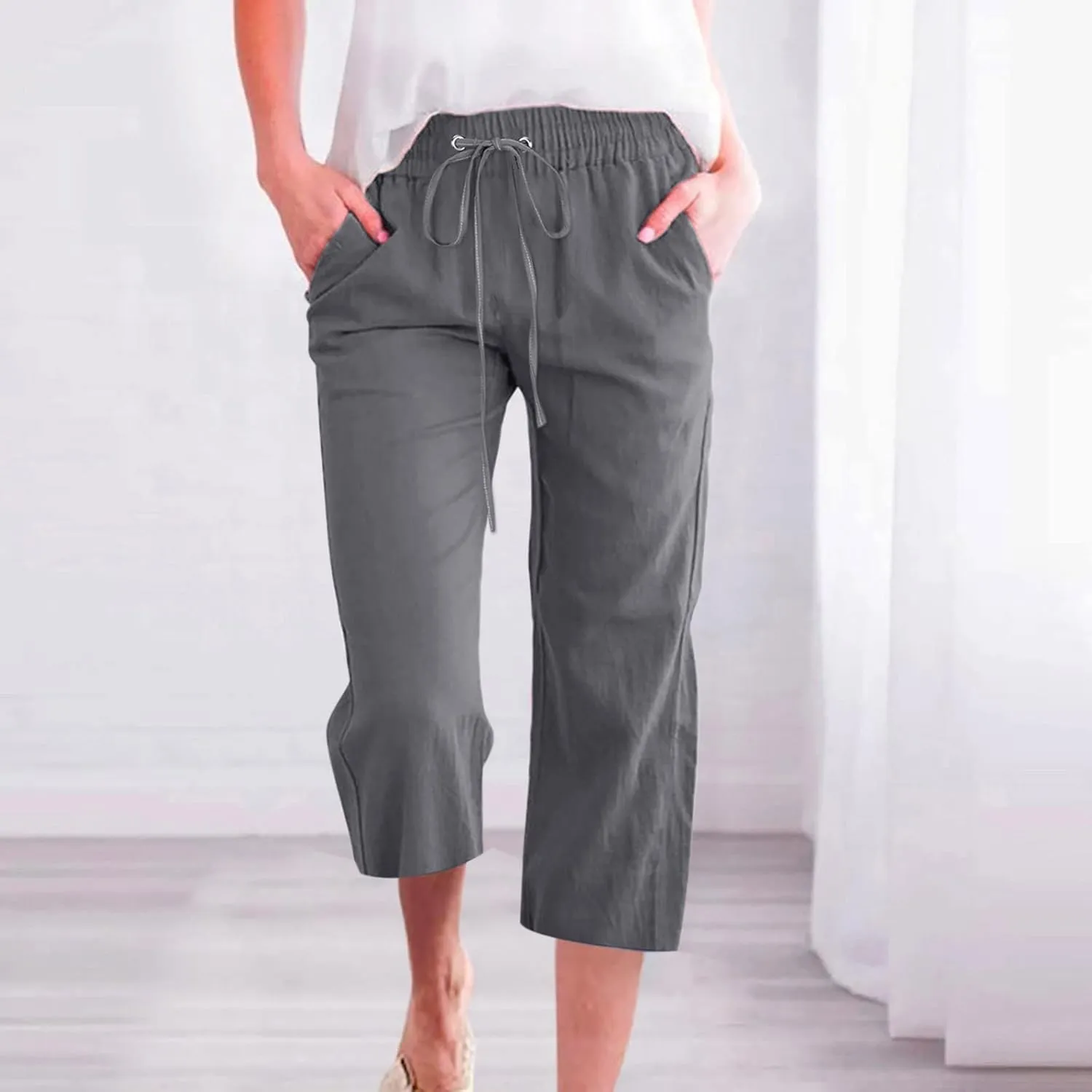 Womens Linen Summer Casual Palazzo Pants Elastic Waisted Baggy Stretchy Loose Fit Trouser Travel