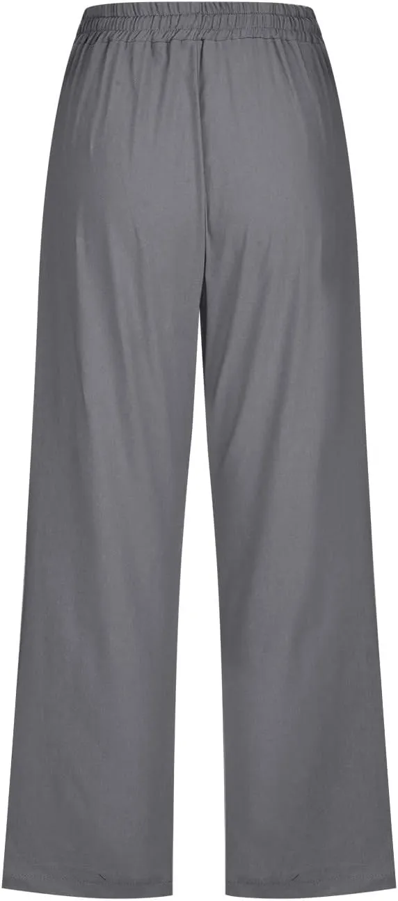 Womens Linen Summer Casual Palazzo Pants Elastic Waisted Baggy Stretchy Loose Fit Trouser Travel
