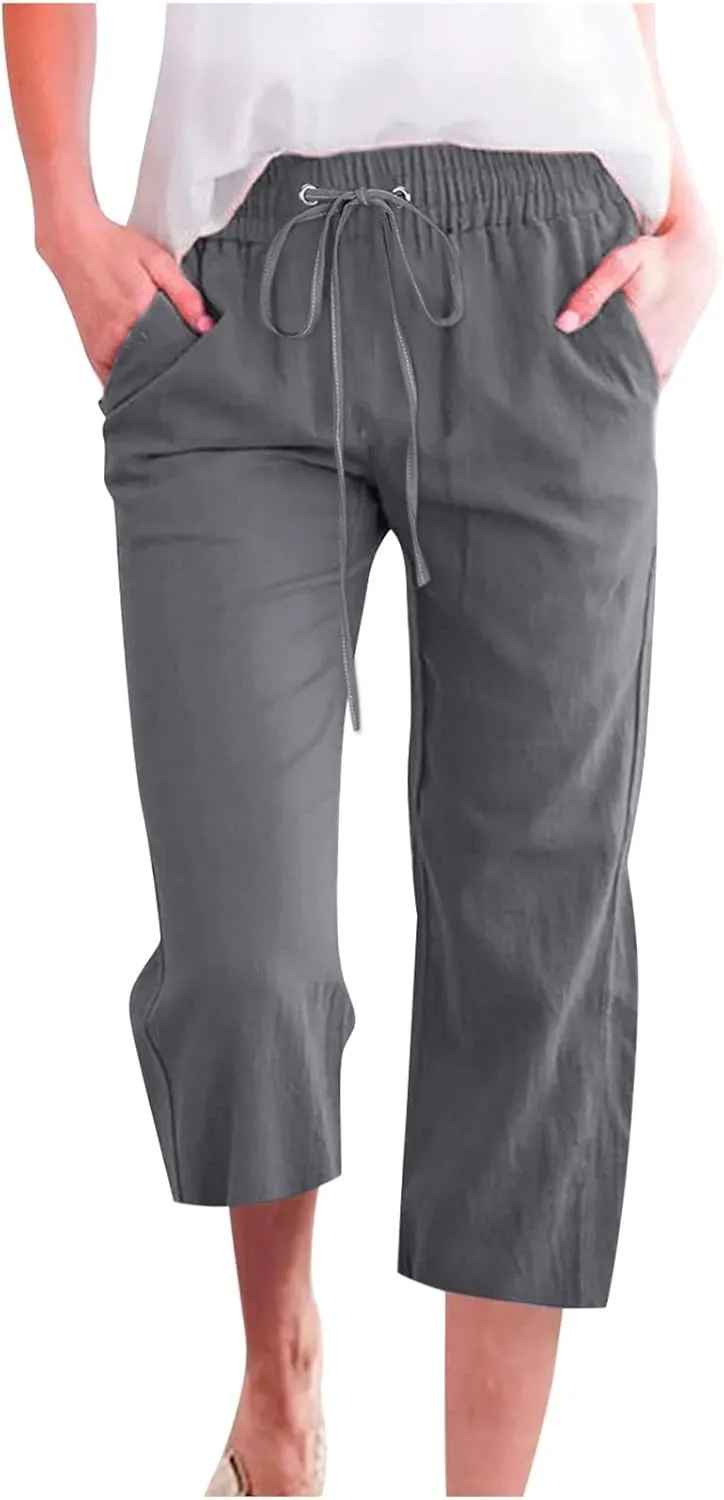 Womens Linen Summer Casual Palazzo Pants Elastic Waisted Baggy Stretchy Loose Fit Trouser Travel