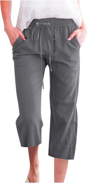Womens Linen Summer Casual Palazzo Pants Elastic Waisted Baggy Stretchy Loose Fit Trouser Travel