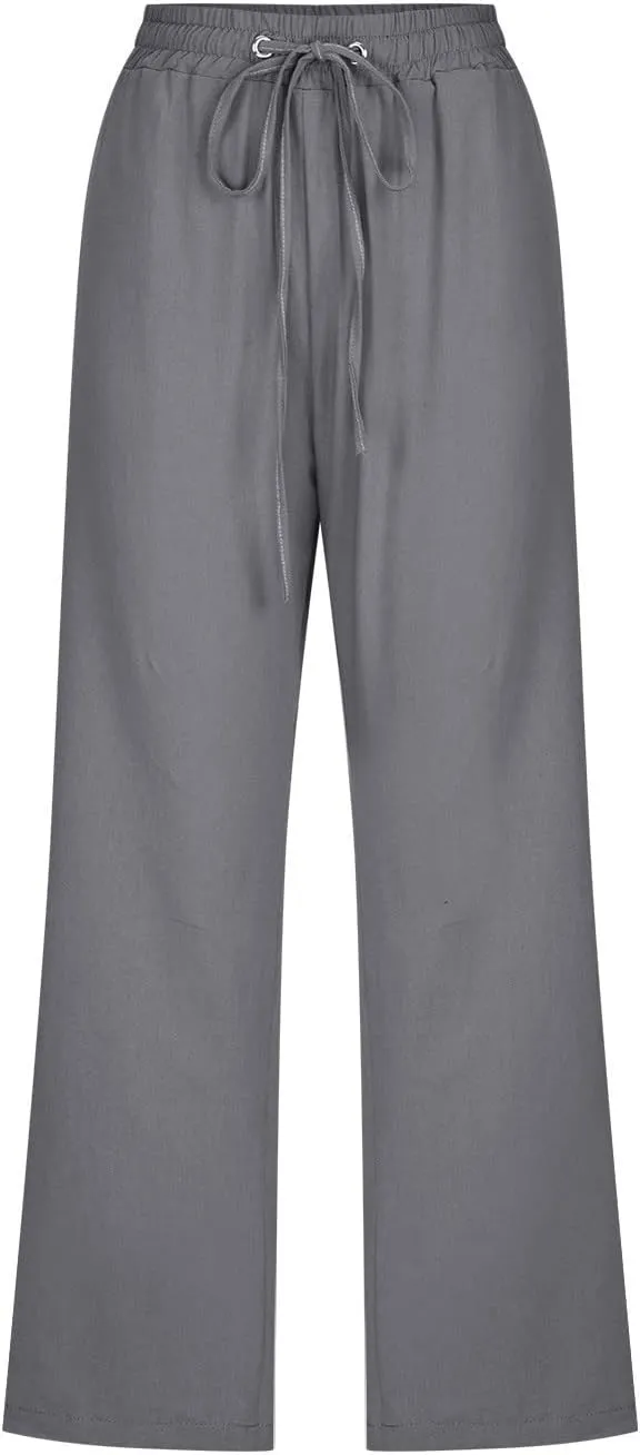 Womens Linen Summer Casual Palazzo Pants Elastic Waisted Baggy Stretchy Loose Fit Trouser Travel