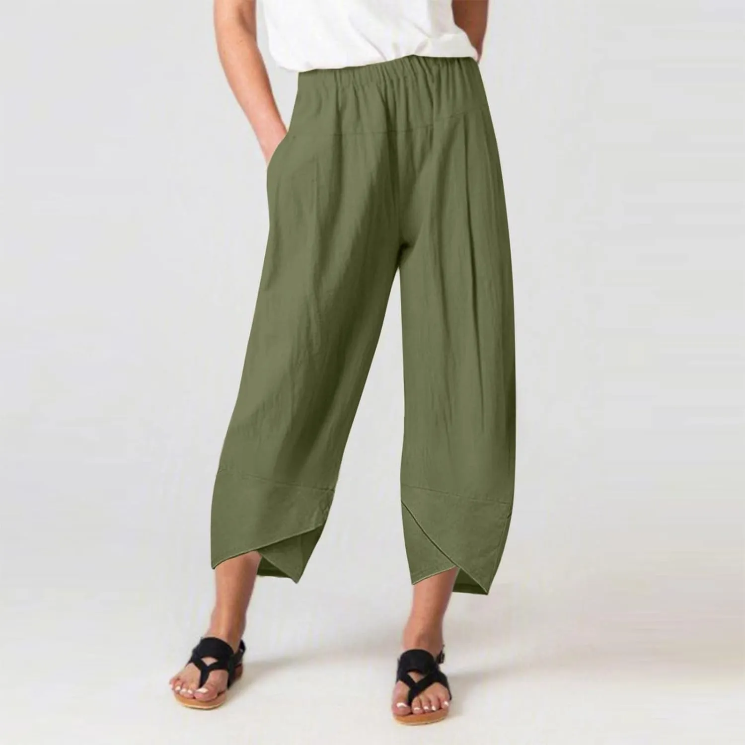 Womens Linen Summer Cropped Palazzo Pants Elastic Waist Lounge Pants Plus Size Pant Trousers Business Work