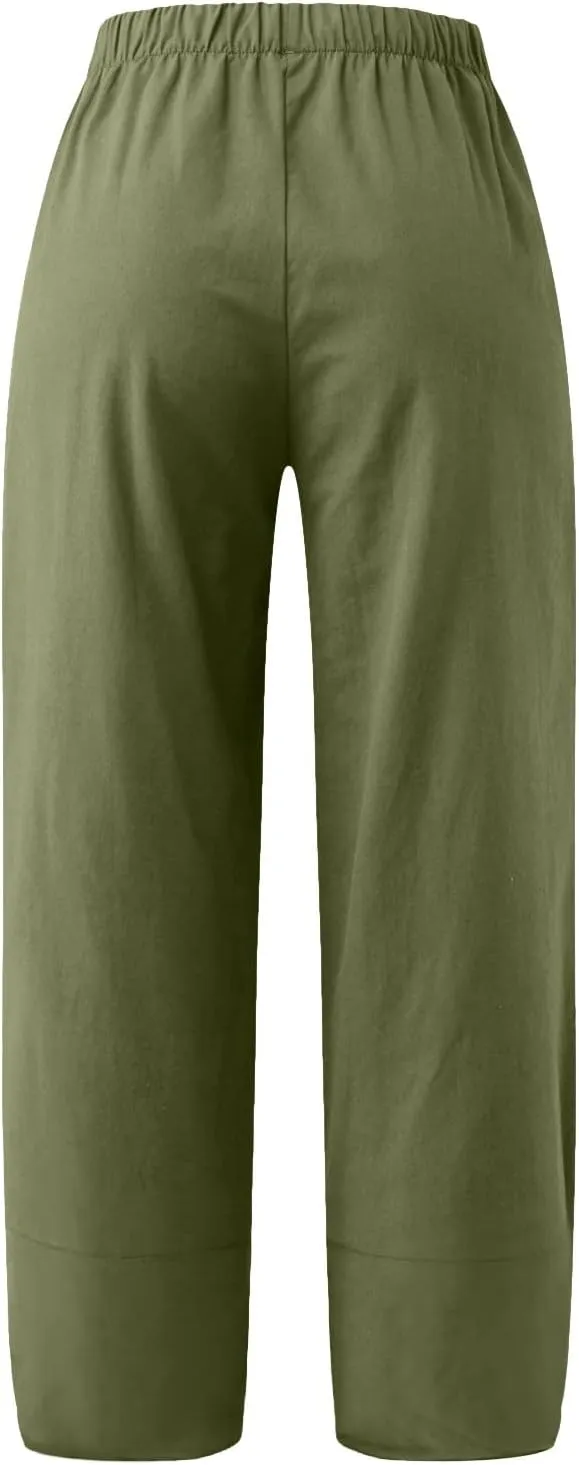 Womens Linen Summer Cropped Palazzo Pants Elastic Waist Lounge Pants Plus Size Pant Trousers Business Work