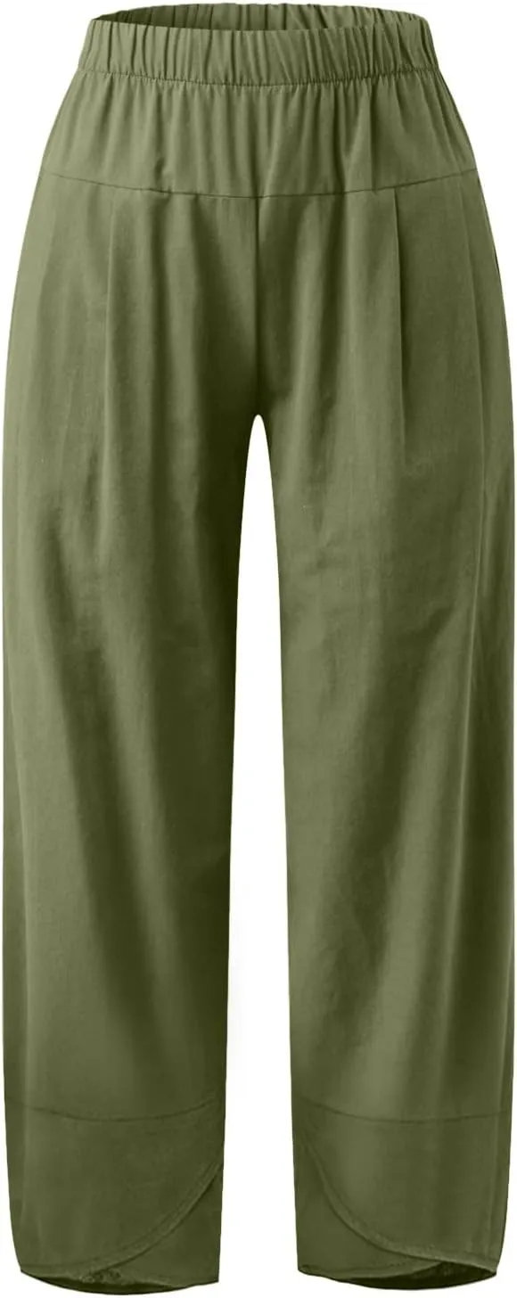 Womens Linen Summer Cropped Palazzo Pants Elastic Waist Lounge Pants Plus Size Pant Trousers Business Work