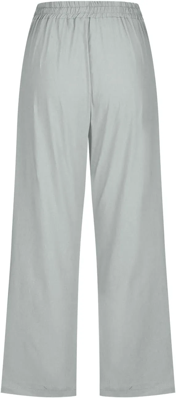 Women's Linen Summer Drawstring Palazzo Pants Low Waist Baggy Stretchy Slim Fit Pant Trousers Business Work