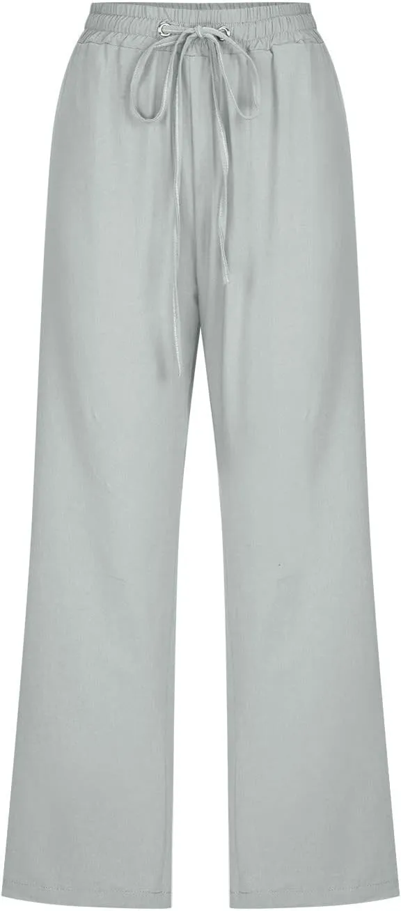 Women's Linen Summer Drawstring Palazzo Pants Low Waist Baggy Stretchy Slim Fit Pant Trousers Business Work