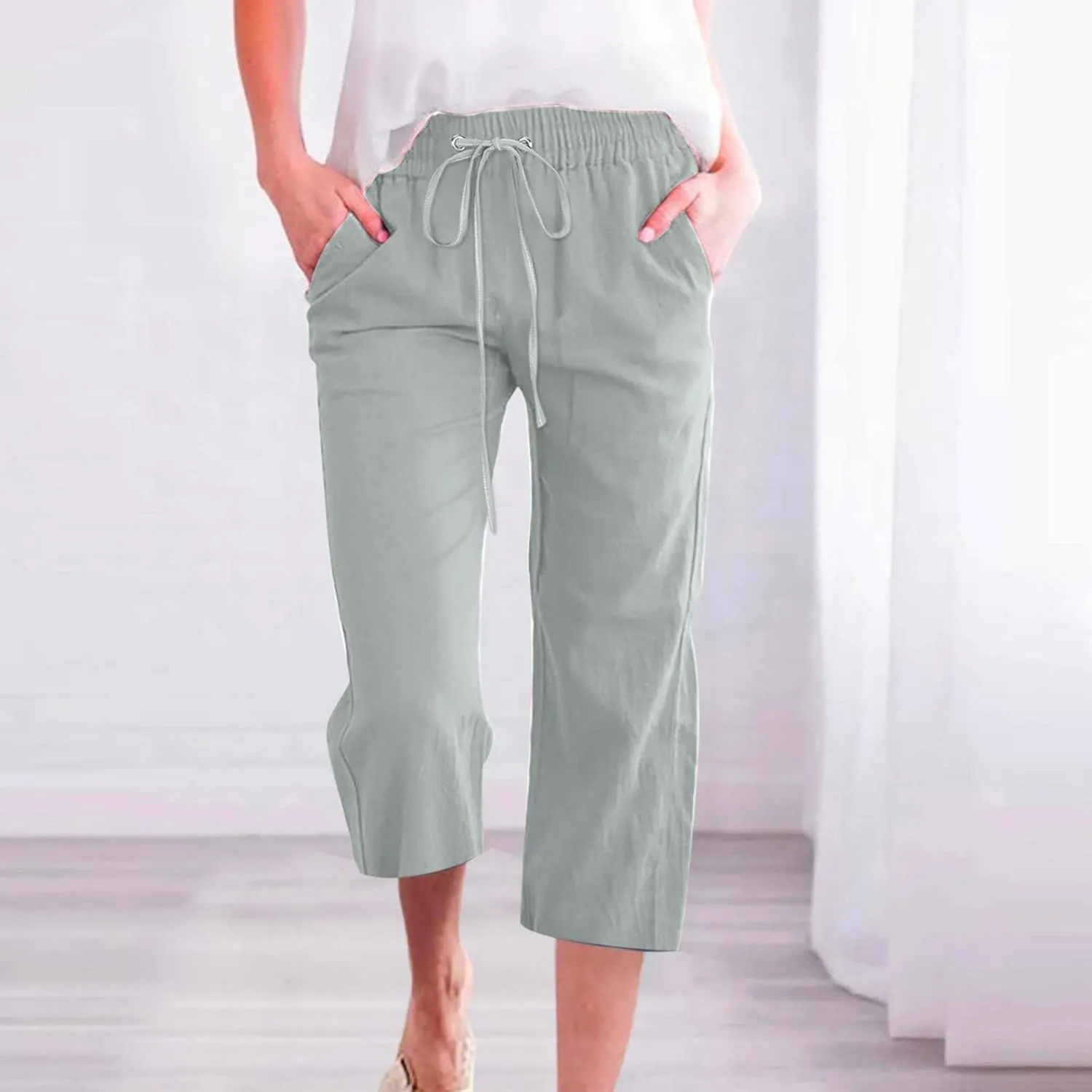 Women's Linen Summer Drawstring Palazzo Pants Low Waist Baggy Stretchy Slim Fit Pant Trousers Business Work