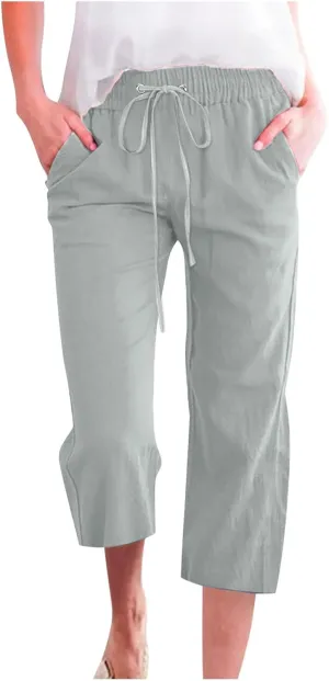 Women's Linen Summer Drawstring Palazzo Pants Low Waist Baggy Stretchy Slim Fit Pant Trousers Business Work