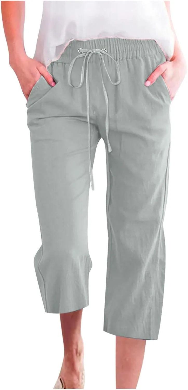 Women's Linen Summer Drawstring Palazzo Pants Low Waist Baggy Stretchy Slim Fit Pant Trousers Business Work