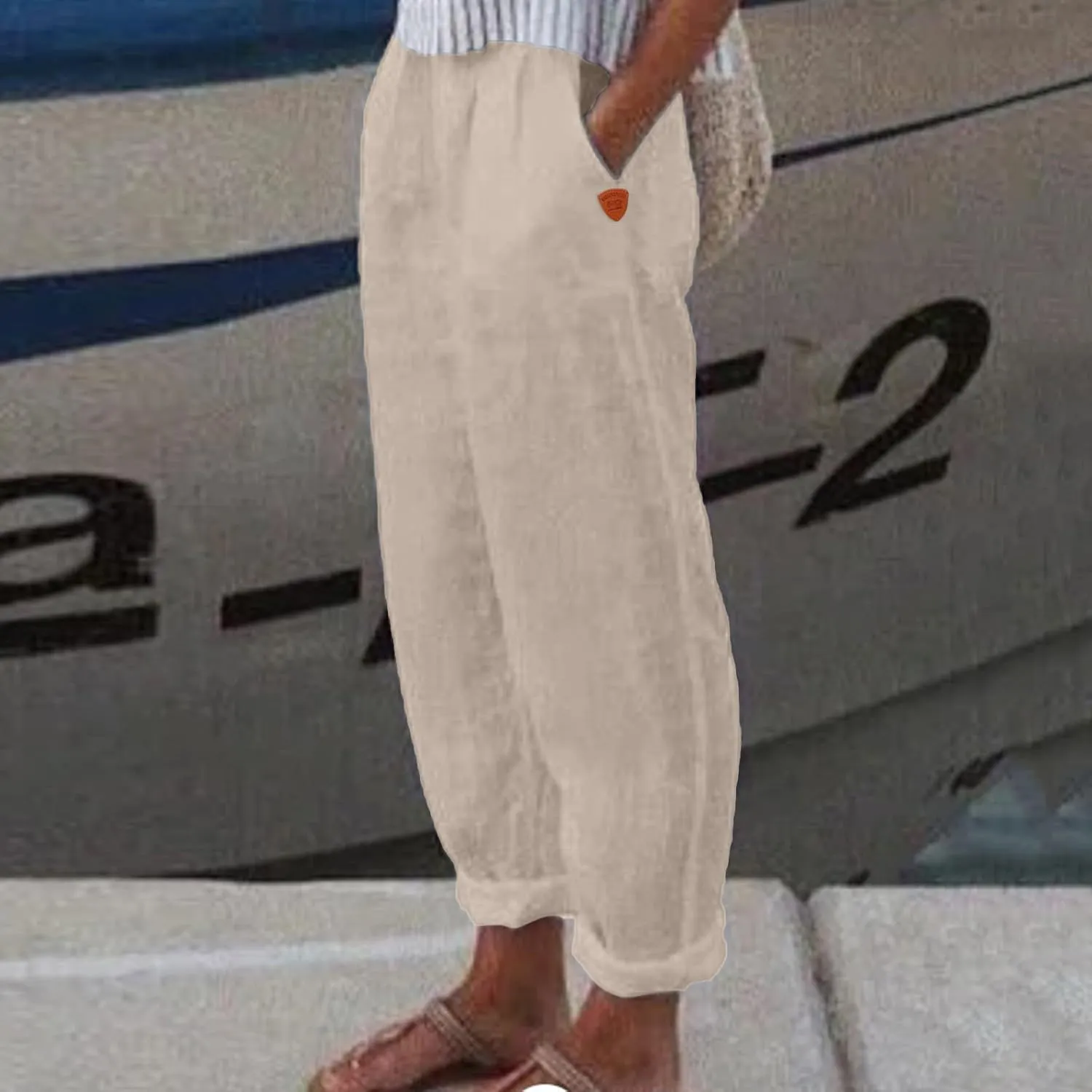 Women's Linen Summer Drawstring Pants Low Waist Wide Leg Slim-Fit Pant Trousers Trendy