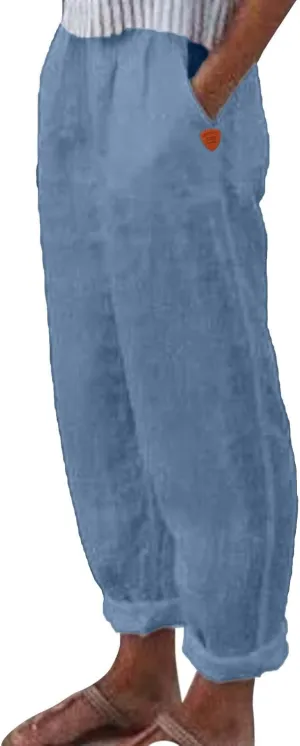 Women's Linen Summer Drawstring Pants Low Waist Wide Leg Slim-Fit Pant Trousers Trendy