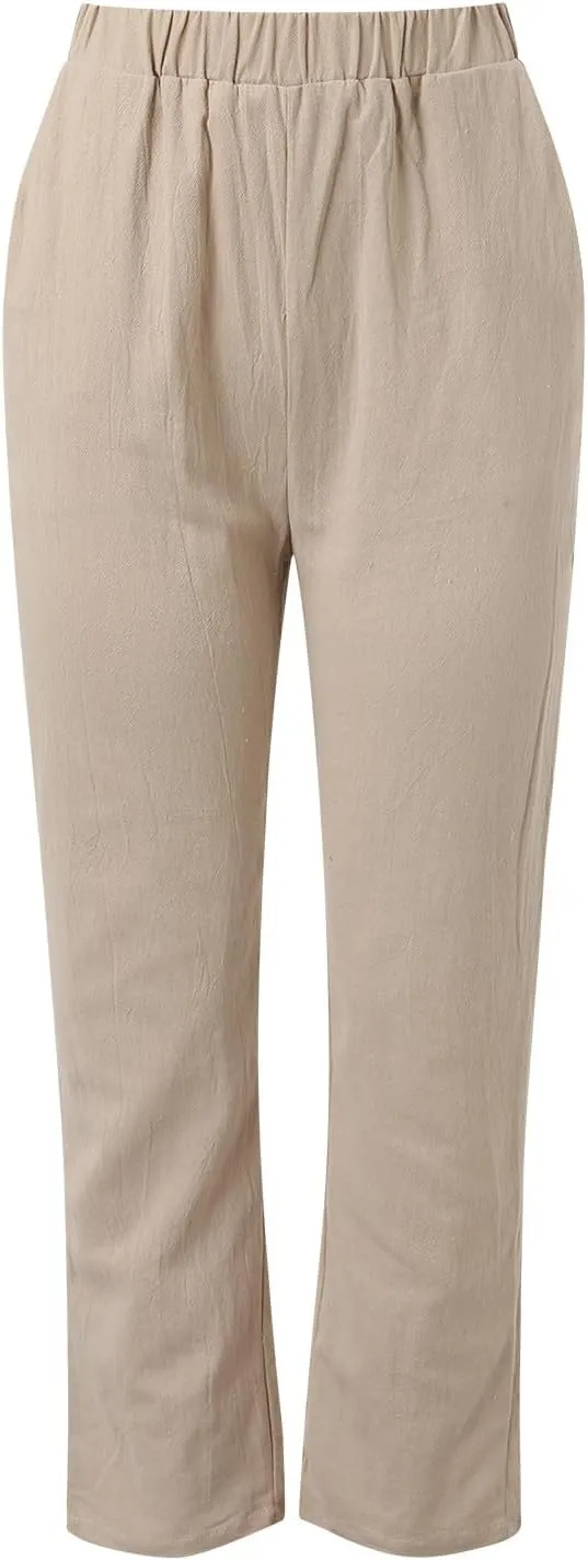 Women's Linen Summer Drawstring Pants Low Waist Wide Leg Slim-Fit Pant Trousers Trendy