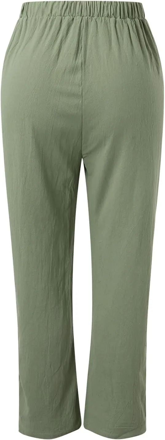 Women's Linen Summer Drawstring Pants Low Waist Wide Leg Slim-Fit Pant Trousers Trendy
