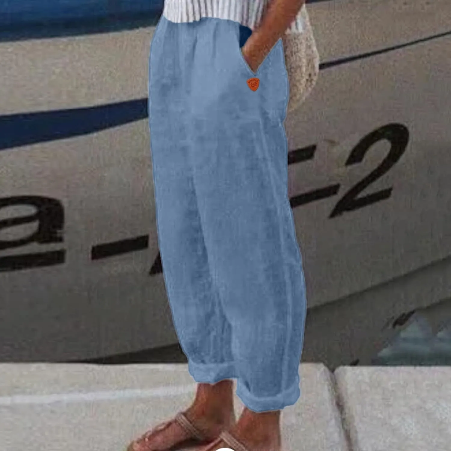 Women's Linen Summer Drawstring Pants Low Waist Wide Leg Slim-Fit Pant Trousers Trendy