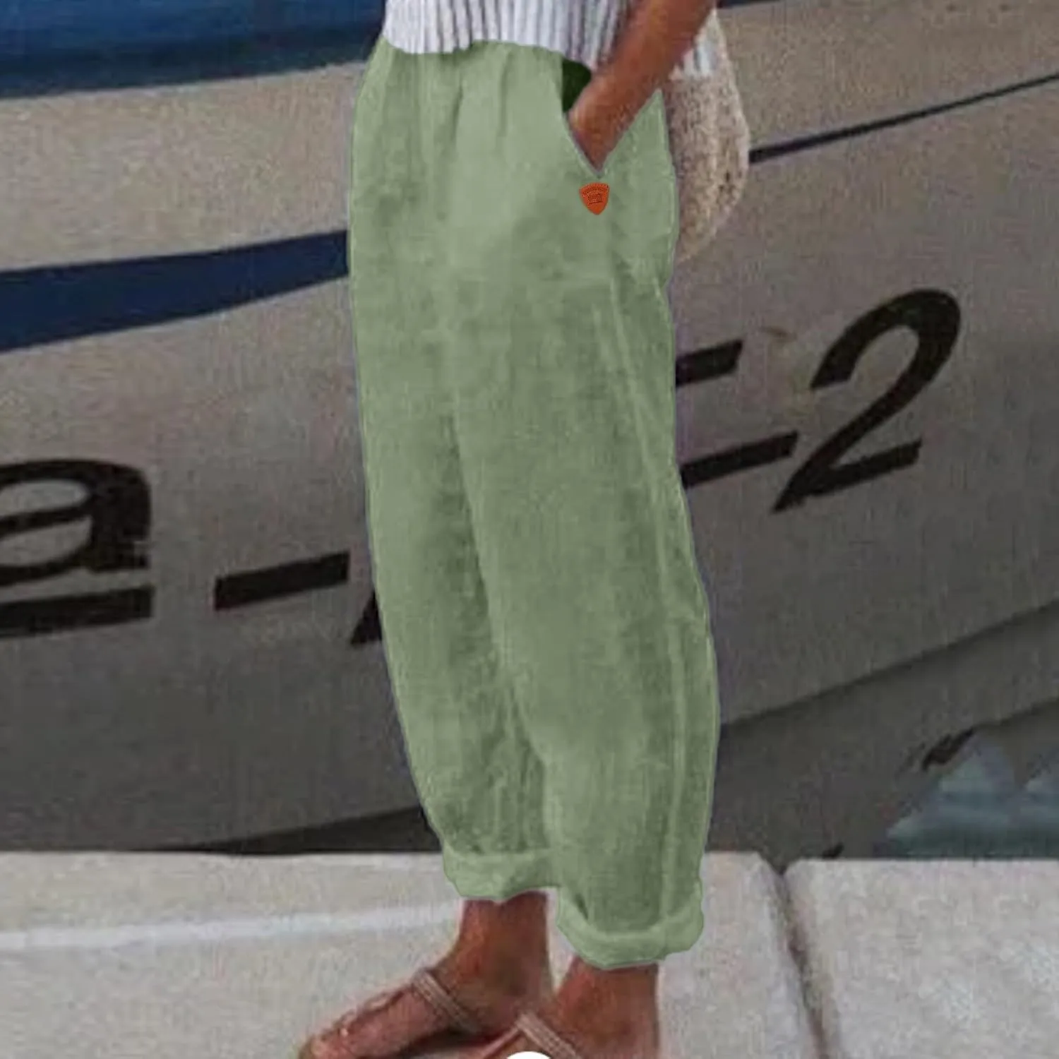 Women's Linen Summer Drawstring Pants Low Waist Wide Leg Slim-Fit Pant Trousers Trendy
