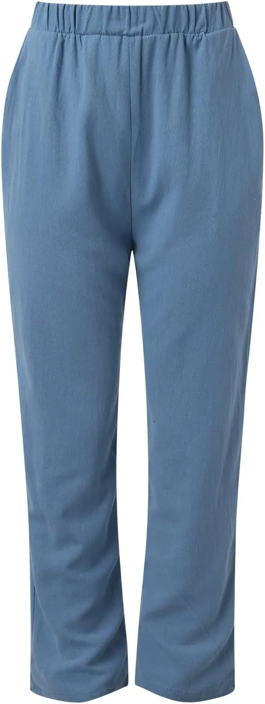 Women's Linen Summer Drawstring Pants Low Waist Wide Leg Slim-Fit Pant Trousers Trendy