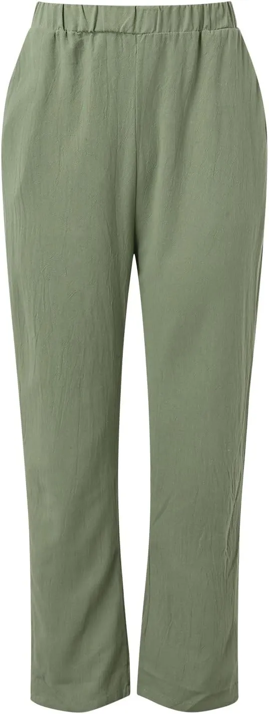 Women's Linen Summer Drawstring Pants Low Waist Wide Leg Slim-Fit Pant Trousers Trendy