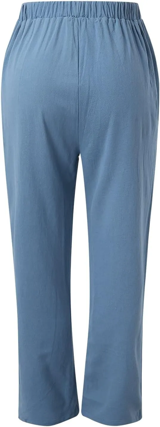 Women's Linen Summer Drawstring Pants Low Waist Wide Leg Slim-Fit Pant Trousers Trendy
