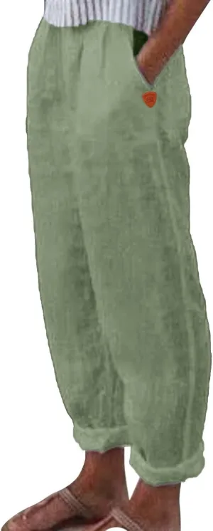 Women's Linen Summer Drawstring Pants Low Waist Wide Leg Slim-Fit Pant Trousers Trendy